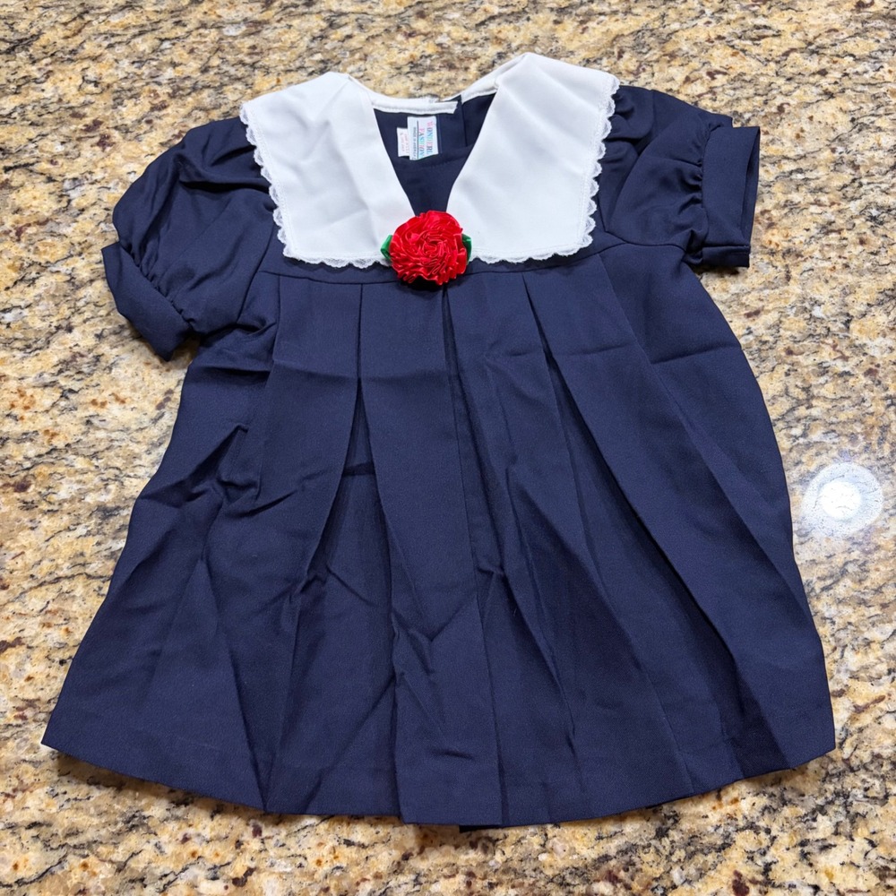 Vintage Wonderland Fashions Navy Blue Pleated Dress Lace Collar Red Rosette USA